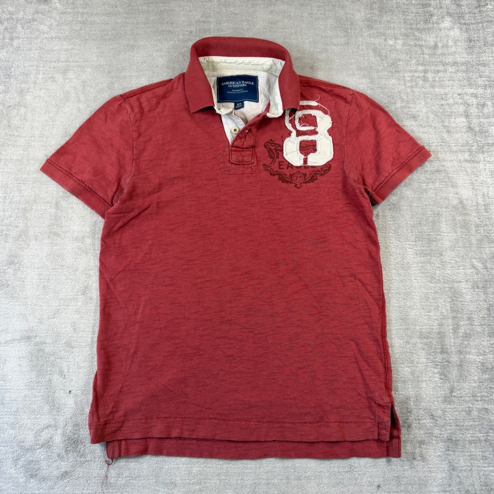 American Eagle Shirt Mens Small Red Polo Graphic Patch Slub Y2K Preppy